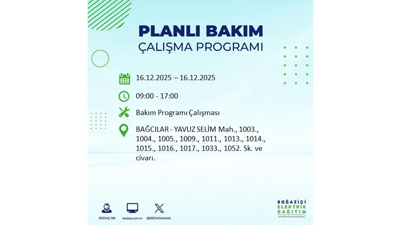 16 Aralık İstanbul elektrik kesintisi listesi yayınlandı! Hazırlıklı olun: Bugün 21 ilçede planlı elektrik kesintisi uygulanacak