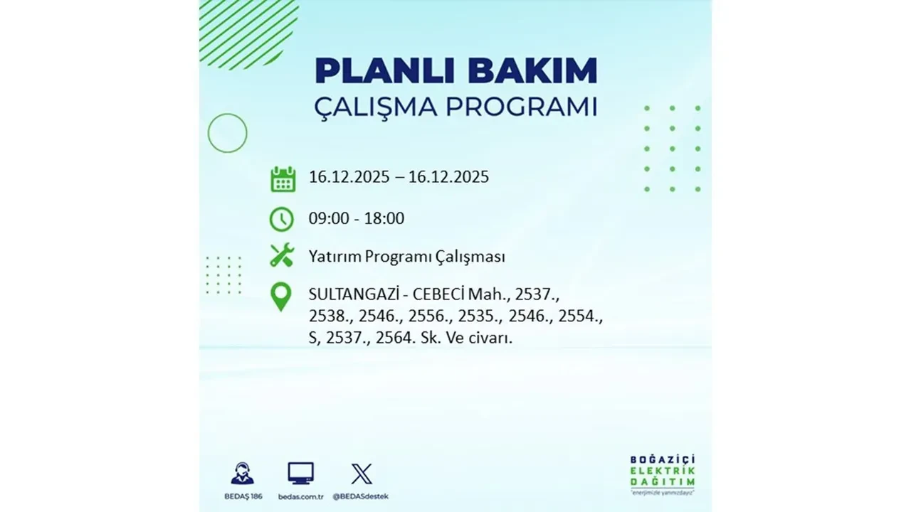 16 Aralık İstanbul elektrik kesintisi listesi yayınlandı! Hazırlıklı olun: Bugün 21 ilçede planlı elektrik kesintisi uygulanacak