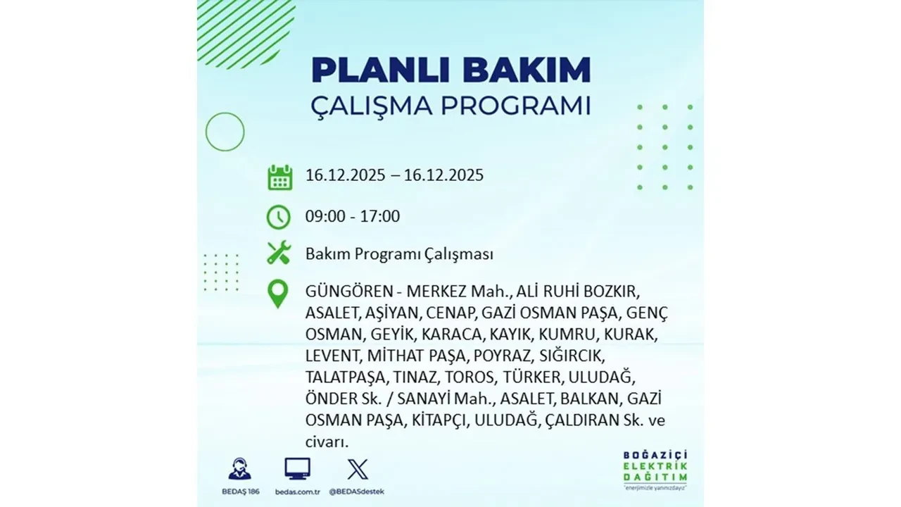 16 Aralık İstanbul elektrik kesintisi listesi yayınlandı! Hazırlıklı olun: Bugün 21 ilçede planlı elektrik kesintisi uygulanacak