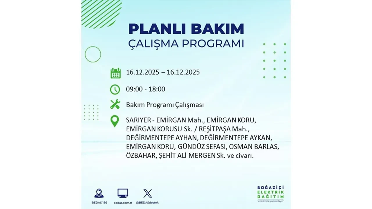 16 Aralık İstanbul elektrik kesintisi listesi yayınlandı! Hazırlıklı olun: Bugün 21 ilçede planlı elektrik kesintisi uygulanacak