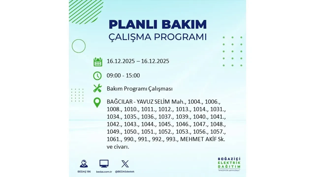 16 Aralık İstanbul elektrik kesintisi listesi yayınlandı! Hazırlıklı olun: Bugün 21 ilçede planlı elektrik kesintisi uygulanacak
