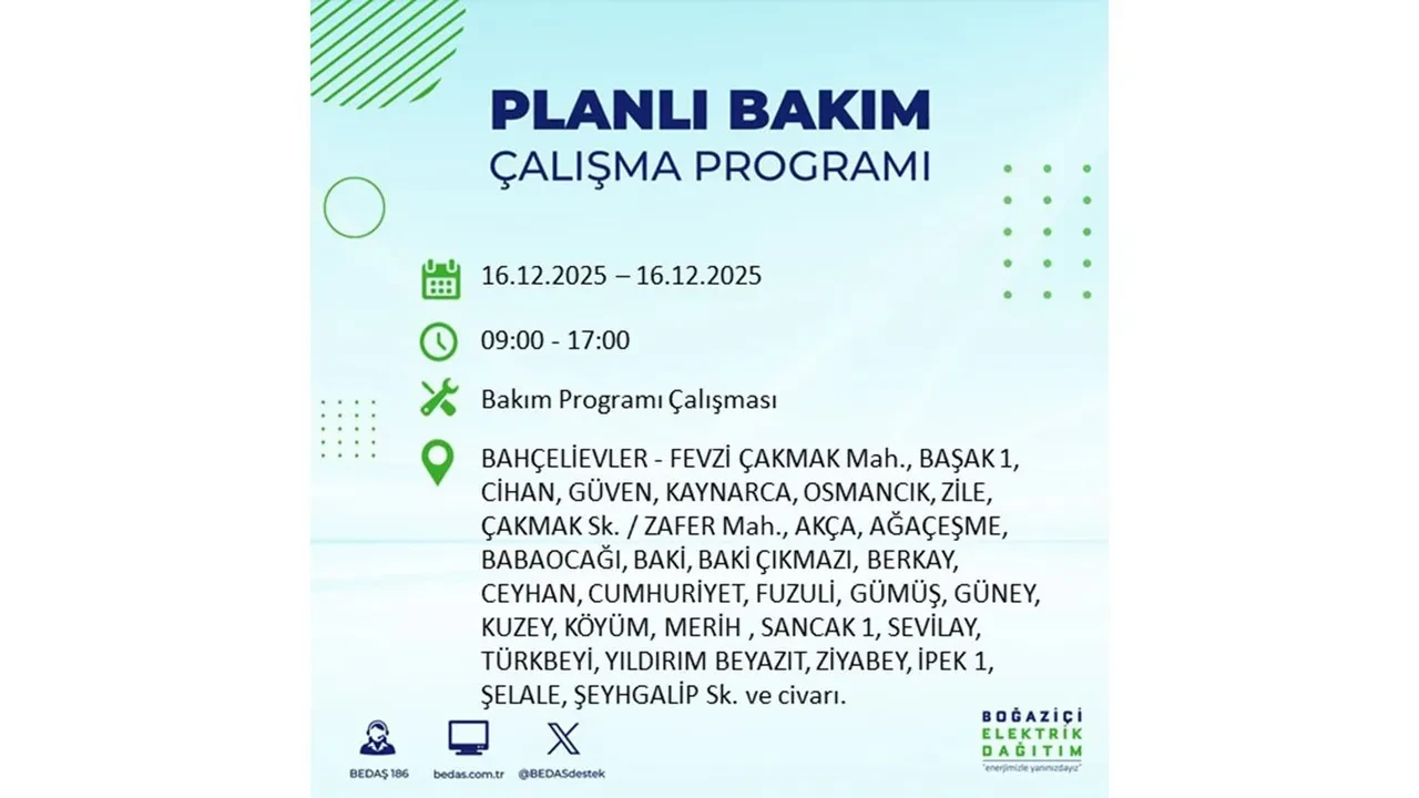 16 Aralık İstanbul elektrik kesintisi listesi yayınlandı! Hazırlıklı olun: Bugün 21 ilçede planlı elektrik kesintisi uygulanacak