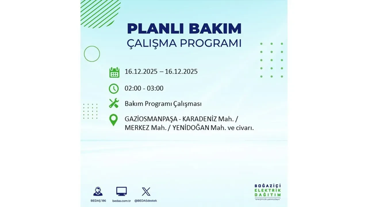 16 Aralık İstanbul elektrik kesintisi listesi yayınlandı! Hazırlıklı olun: Bugün 21 ilçede planlı elektrik kesintisi uygulanacak