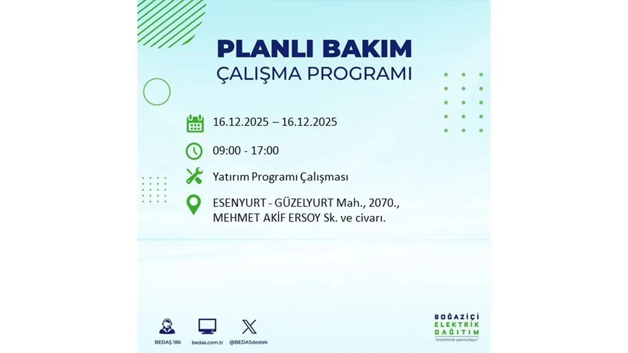 16 Aralık İstanbul elektrik kesintisi listesi yayınlandı! Hazırlıklı olun: Bugün 21 ilçede planlı elektrik kesintisi uygulanacak