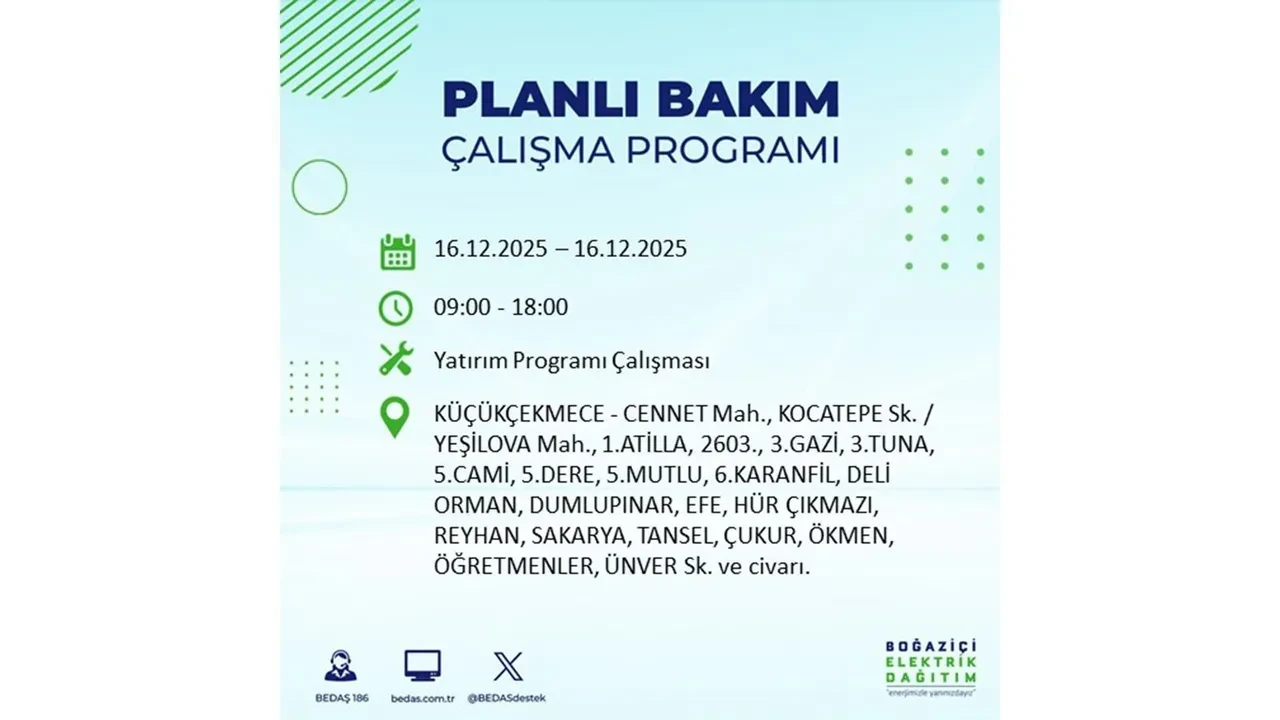 16 Aralık İstanbul elektrik kesintisi listesi yayınlandı! Hazırlıklı olun: Bugün 21 ilçede planlı elektrik kesintisi uygulanacak