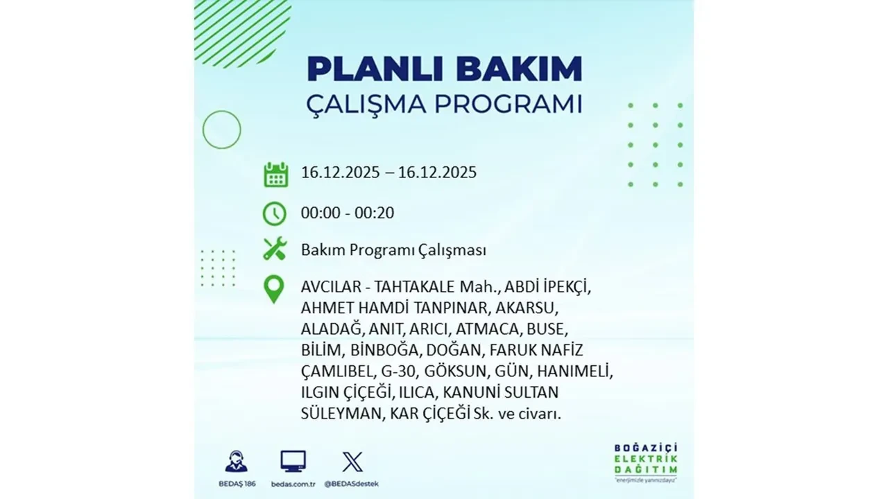 16 Aralık İstanbul elektrik kesintisi listesi yayınlandı! Hazırlıklı olun: Bugün 21 ilçede planlı elektrik kesintisi uygulanacak