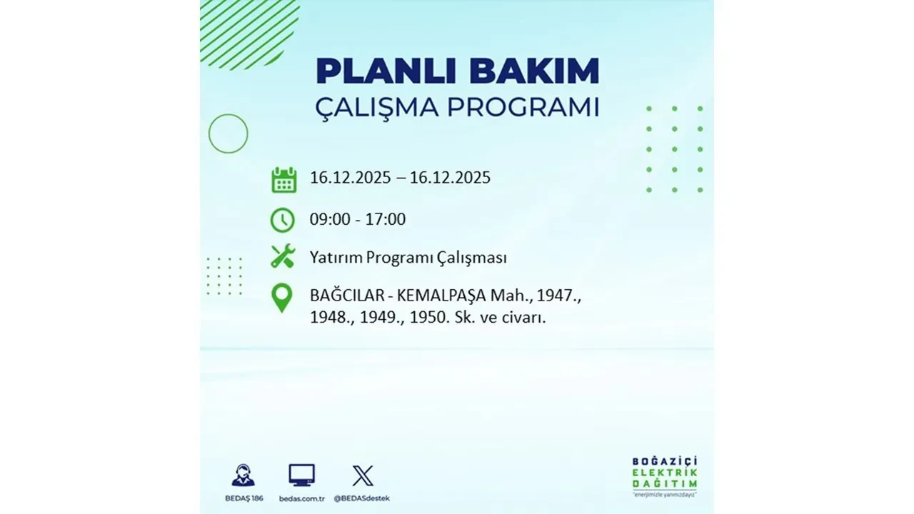 16 Aralık İstanbul elektrik kesintisi listesi yayınlandı! Hazırlıklı olun: Bugün 21 ilçede planlı elektrik kesintisi uygulanacak