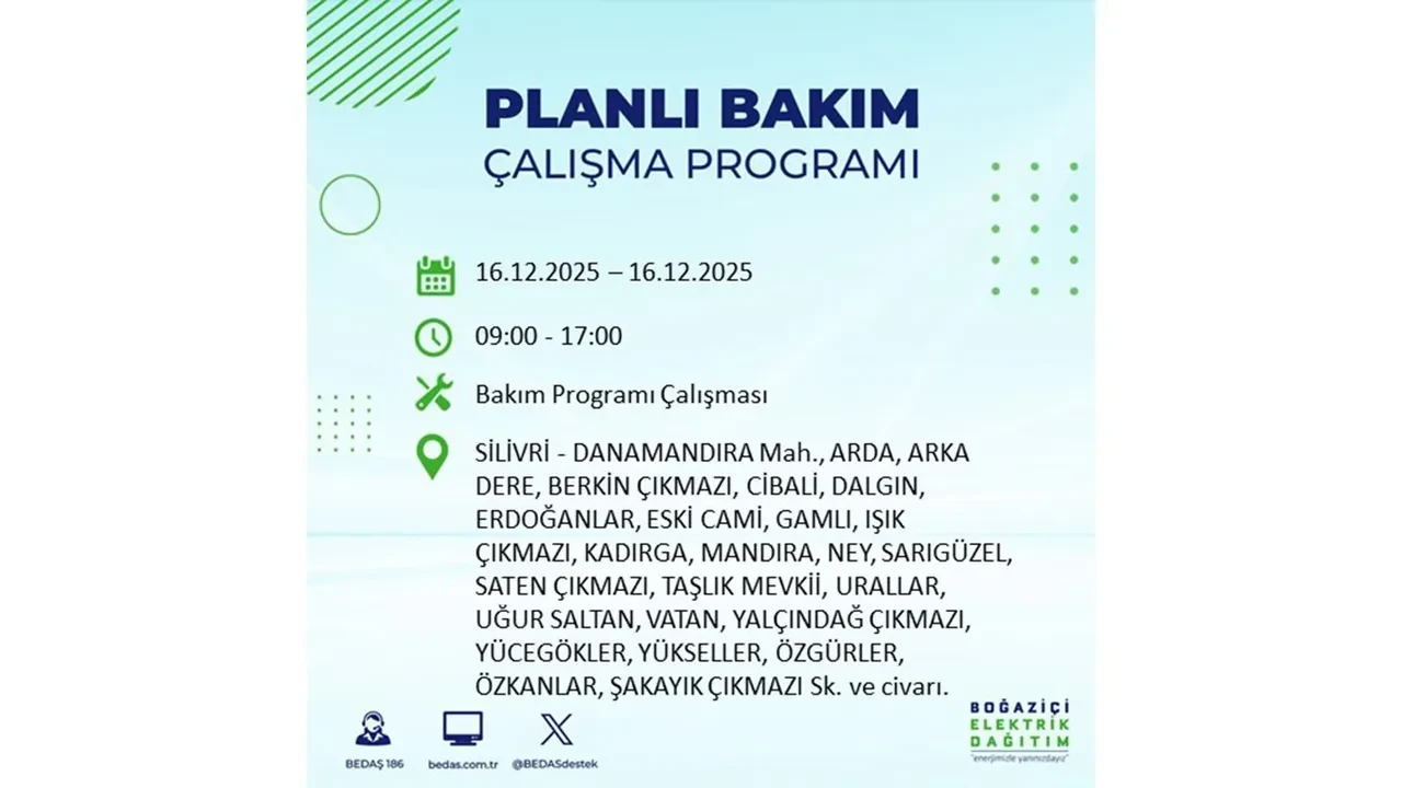 16 Aralık İstanbul elektrik kesintisi listesi yayınlandı! Hazırlıklı olun: Bugün 21 ilçede planlı elektrik kesintisi uygulanacak