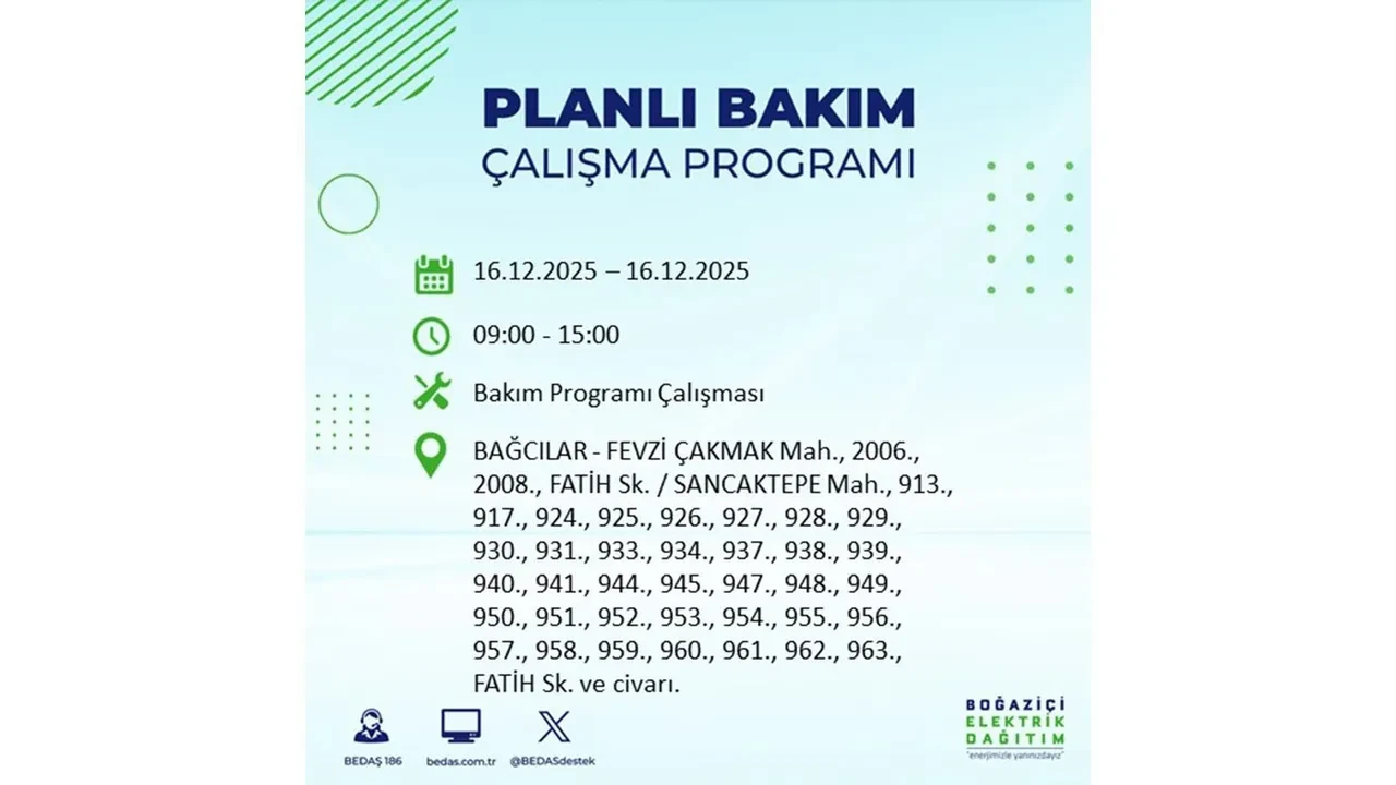 16 Aralık İstanbul elektrik kesintisi listesi yayınlandı! Hazırlıklı olun: Bugün 21 ilçede planlı elektrik kesintisi uygulanacak