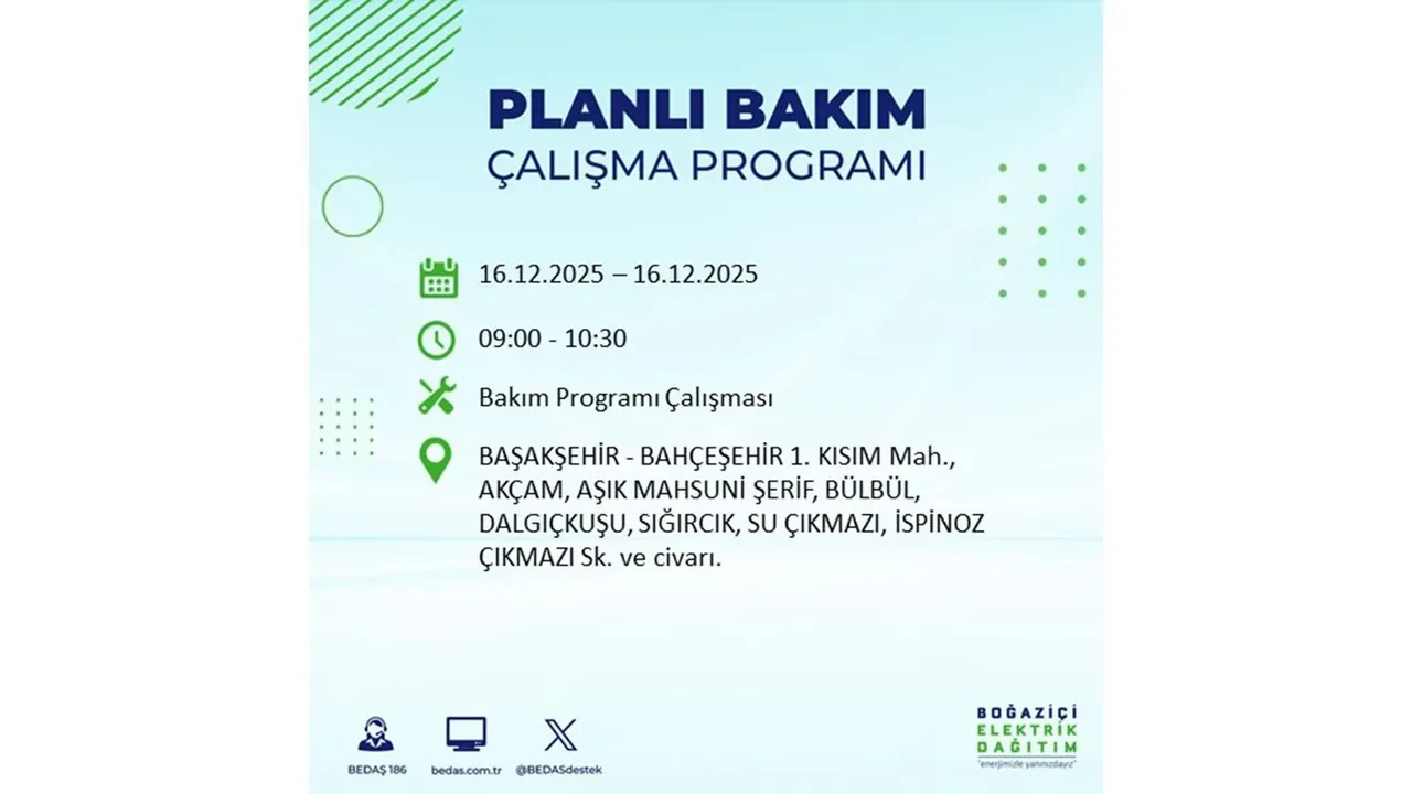 16 Aralık İstanbul elektrik kesintisi listesi yayınlandı! Hazırlıklı olun: Bugün 21 ilçede planlı elektrik kesintisi uygulanacak