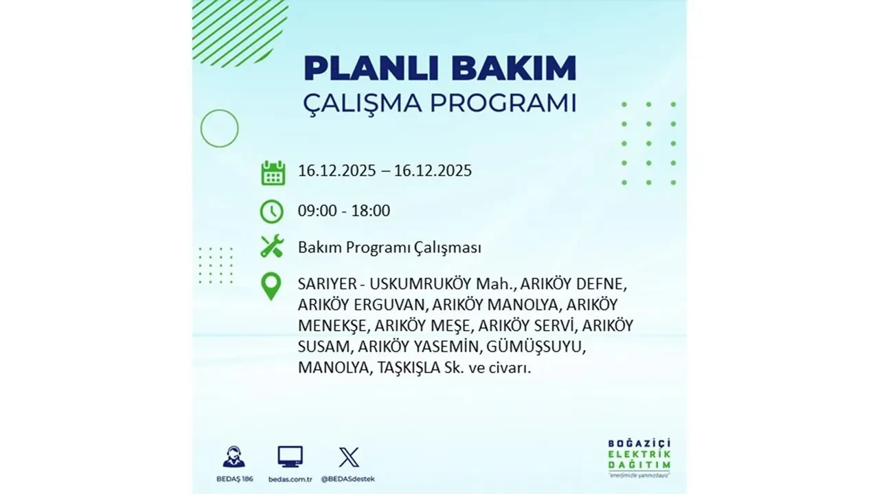 16 Aralık İstanbul elektrik kesintisi listesi yayınlandı! Hazırlıklı olun: Bugün 21 ilçede planlı elektrik kesintisi uygulanacak