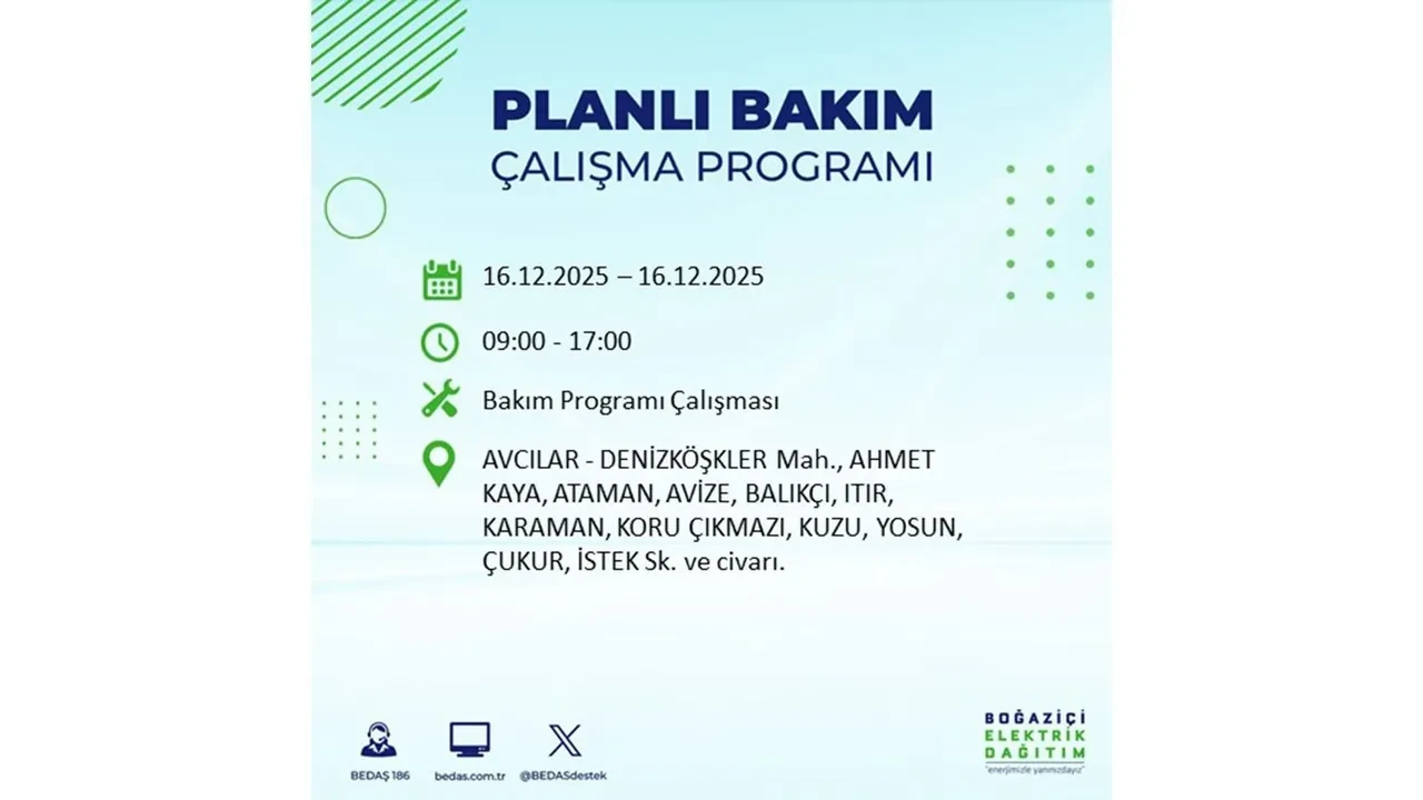 16 Aralık İstanbul elektrik kesintisi listesi yayınlandı! Hazırlıklı olun: Bugün 21 ilçede planlı elektrik kesintisi uygulanacak