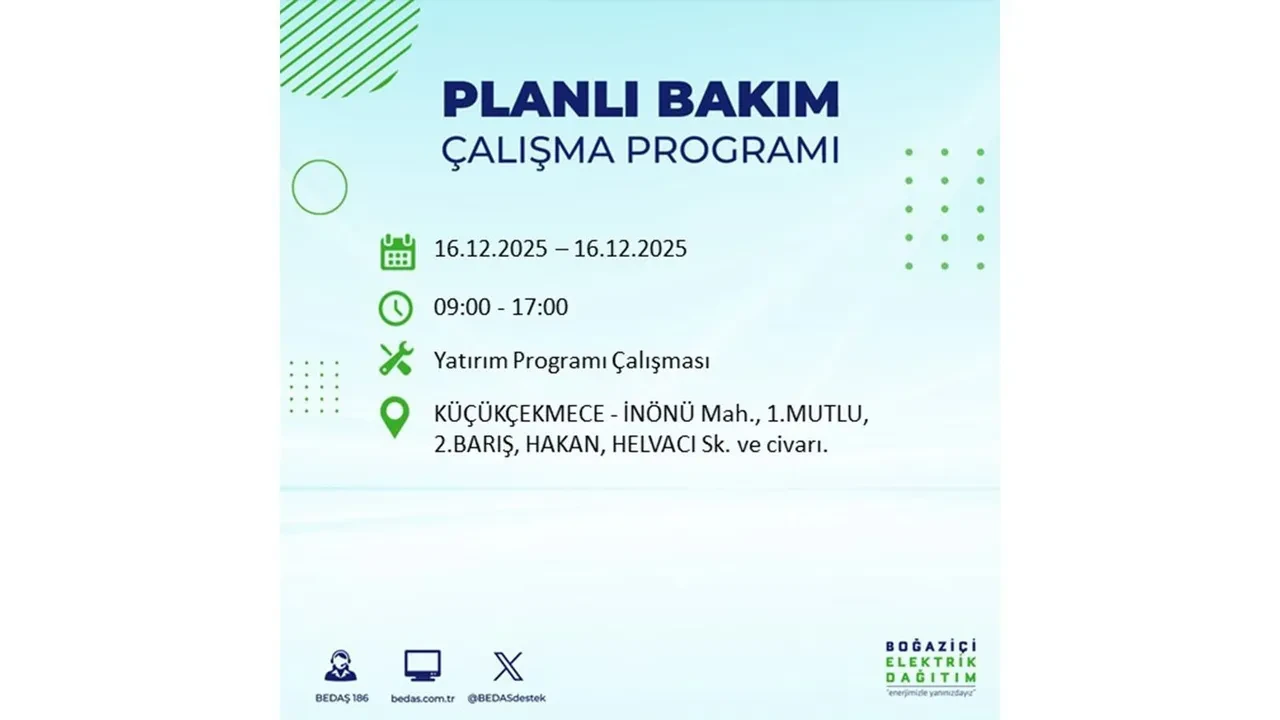 16 Aralık İstanbul elektrik kesintisi listesi yayınlandı! Hazırlıklı olun: Bugün 21 ilçede planlı elektrik kesintisi uygulanacak