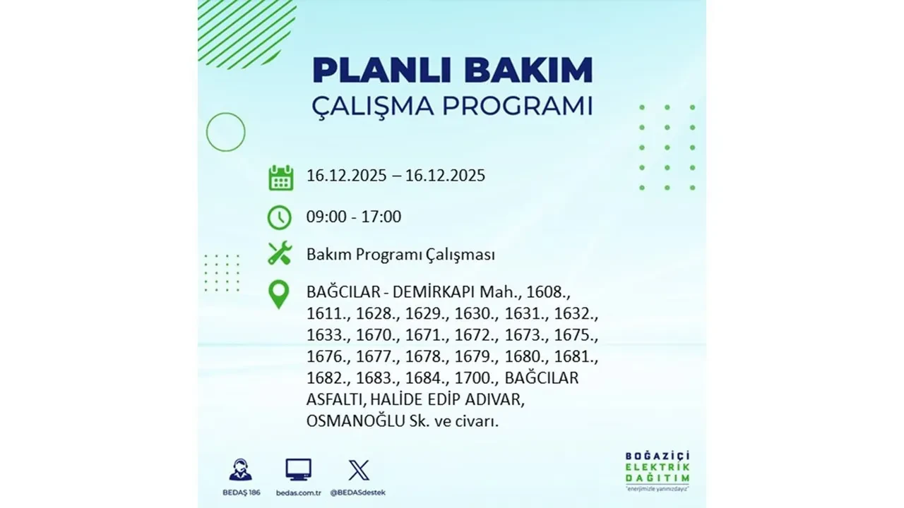 16 Aralık İstanbul elektrik kesintisi listesi yayınlandı! Hazırlıklı olun: Bugün 21 ilçede planlı elektrik kesintisi uygulanacak