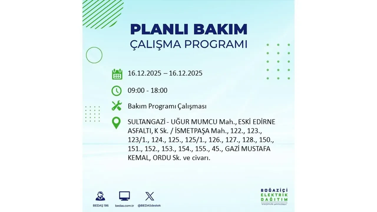 16 Aralık İstanbul elektrik kesintisi listesi yayınlandı! Hazırlıklı olun: Bugün 21 ilçede planlı elektrik kesintisi uygulanacak