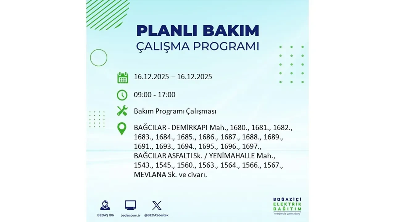 16 Aralık İstanbul elektrik kesintisi listesi yayınlandı! Hazırlıklı olun: Bugün 21 ilçede planlı elektrik kesintisi uygulanacak