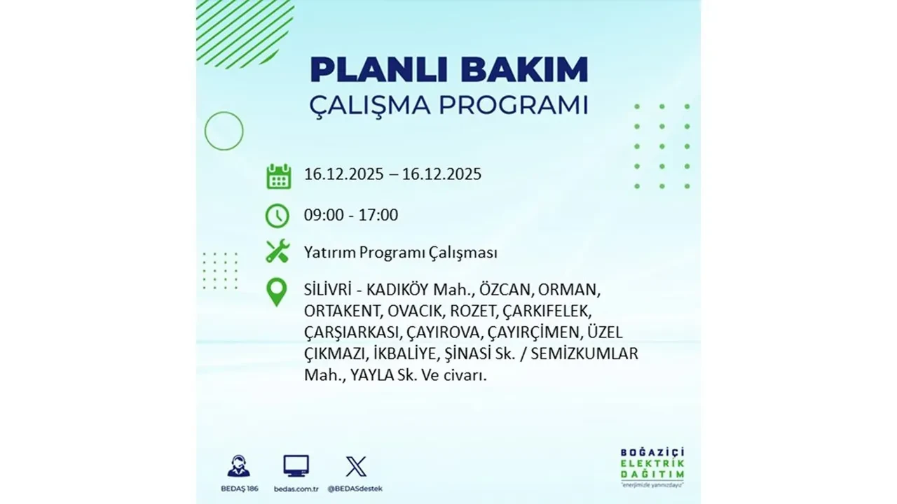 16 Aralık İstanbul elektrik kesintisi listesi yayınlandı! Hazırlıklı olun: Bugün 21 ilçede planlı elektrik kesintisi uygulanacak