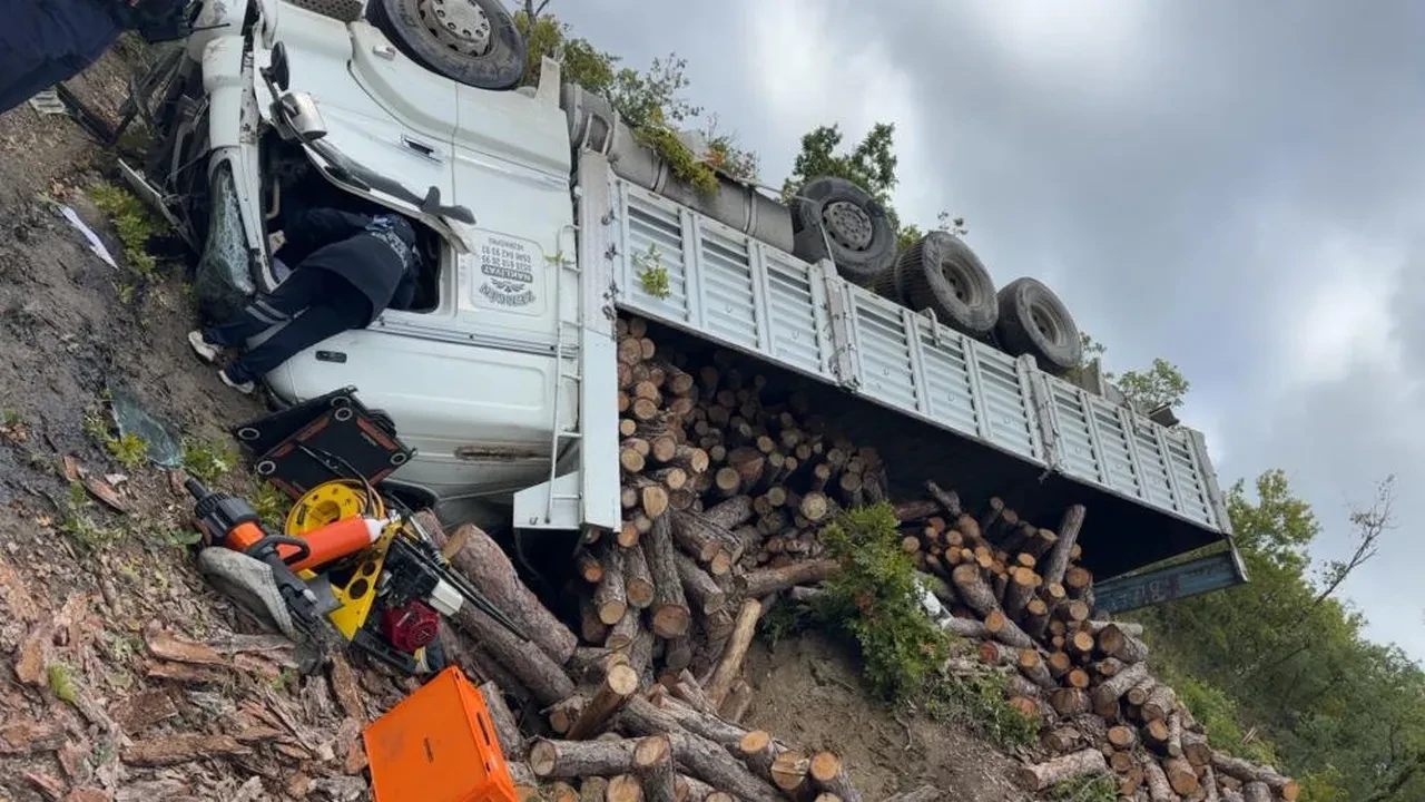 Odun yüklü kamyon devrildi! Feci kazadan acı haber