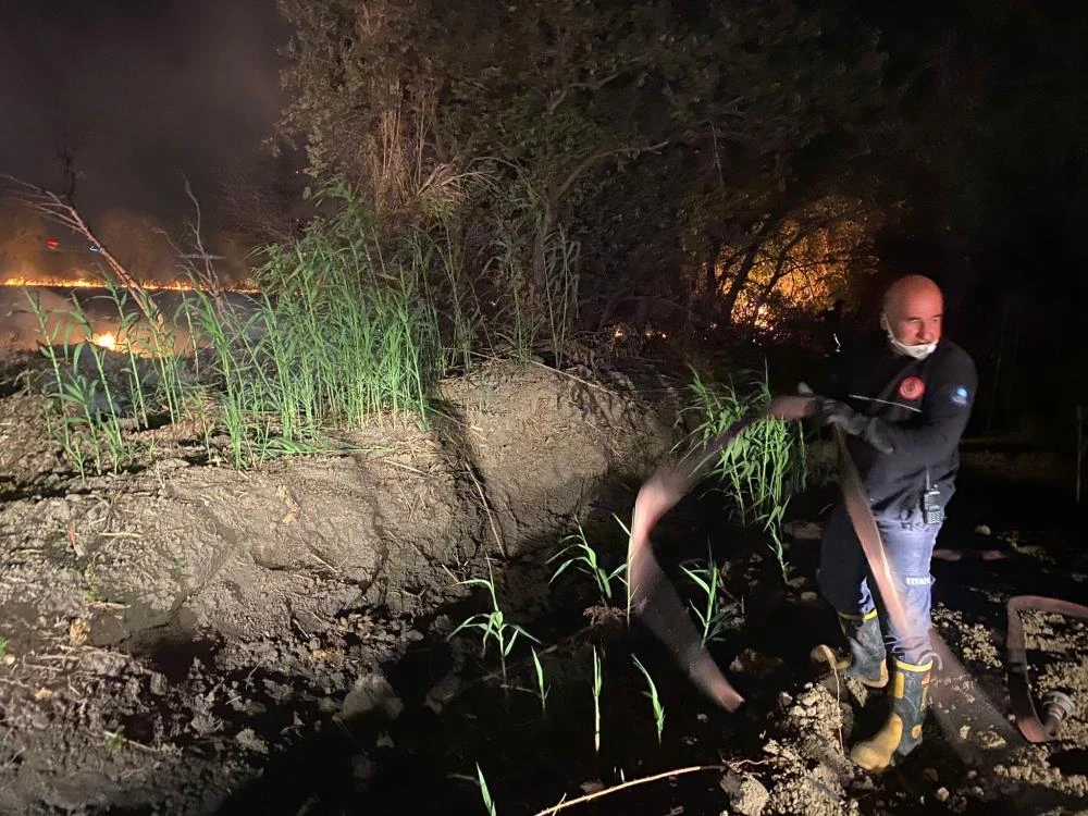 Serik’te yol kenarında çıkan yangında sürücüler zor anlar yaşadı