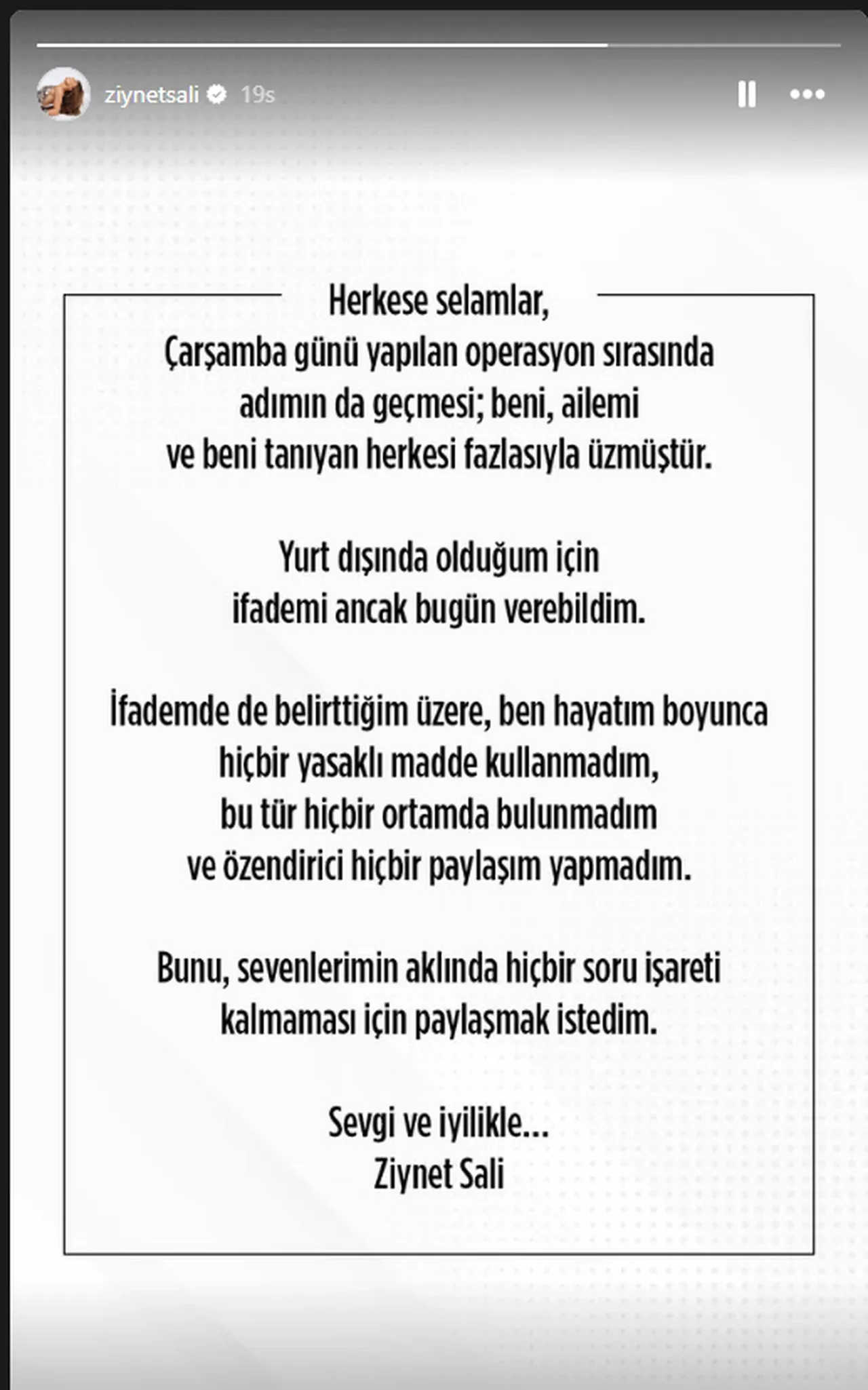 Uyuşturucu operasyonunun yapıldığı gün yurt dışında olan Ziynet Sali ifade verdi