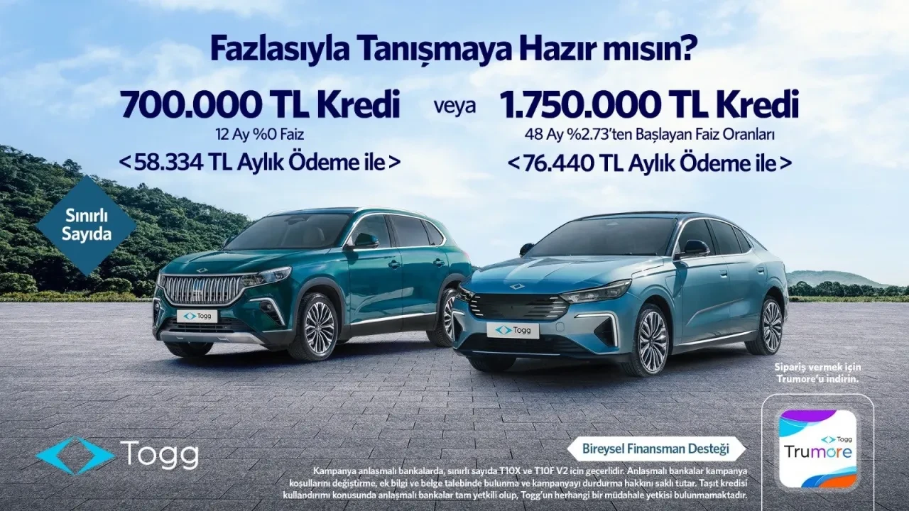TOGG T10X ve T10F için faizsiz 700 bin TL kredi kampanyası duyuruldu