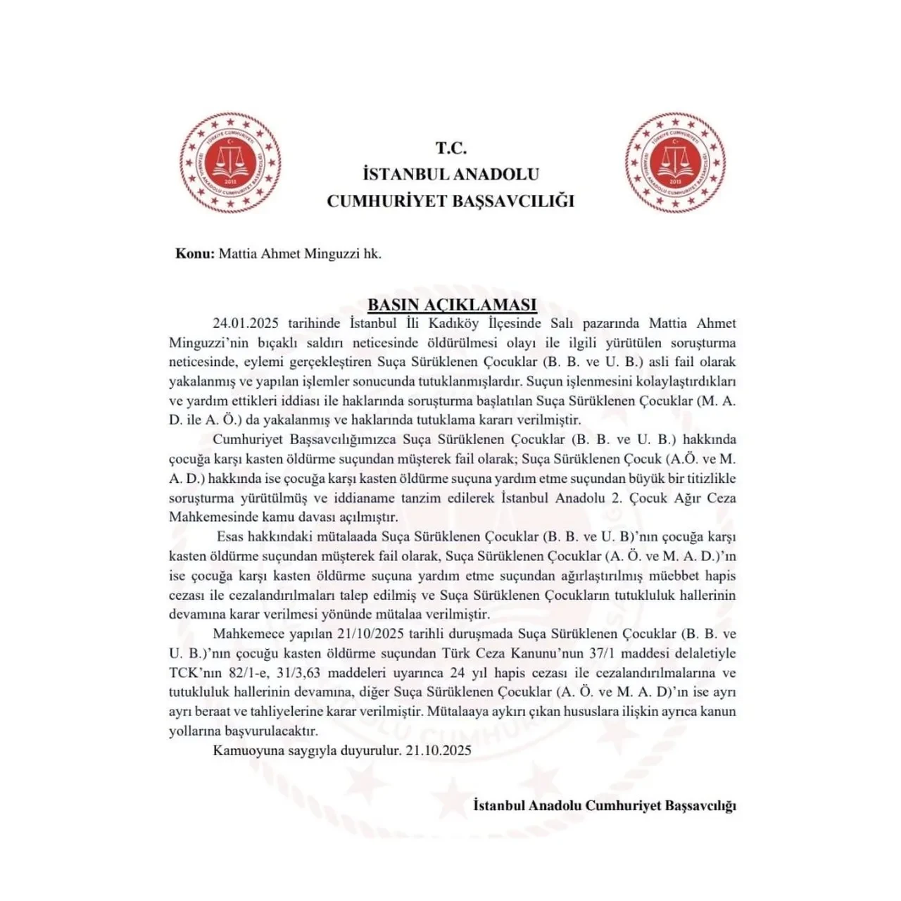 Mattia Ahmet Minguzzi davasında karar çıktı! İşte canilere verilen ceza 