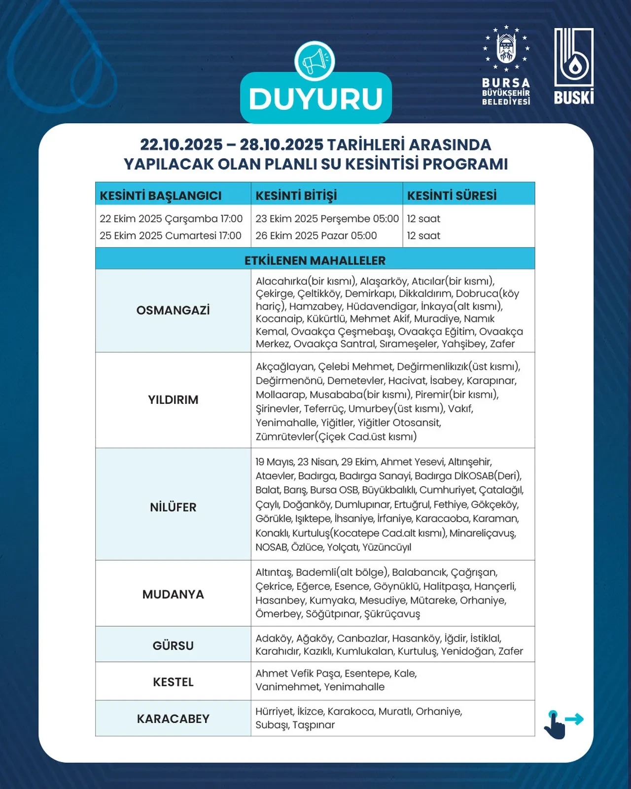 Bursa su kesintisi listesi duyuruldu 22-28 Ekim! Osmangazi, Yıldırım, Nilüfer 12 saatlik kesinti yapılacak