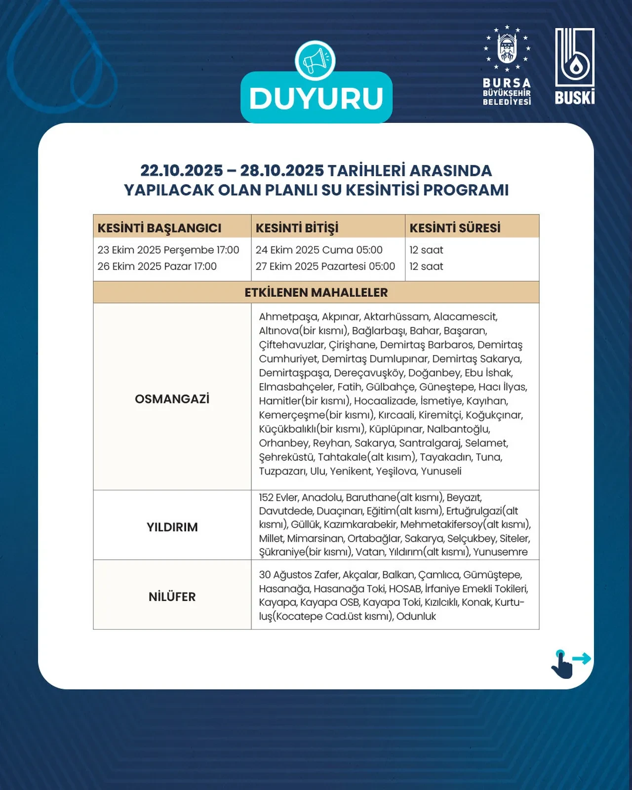 Bursa su kesintisi listesi duyuruldu 22-28 Ekim! Osmangazi, Yıldırım, Nilüfer 12 saatlik kesinti yapılacak