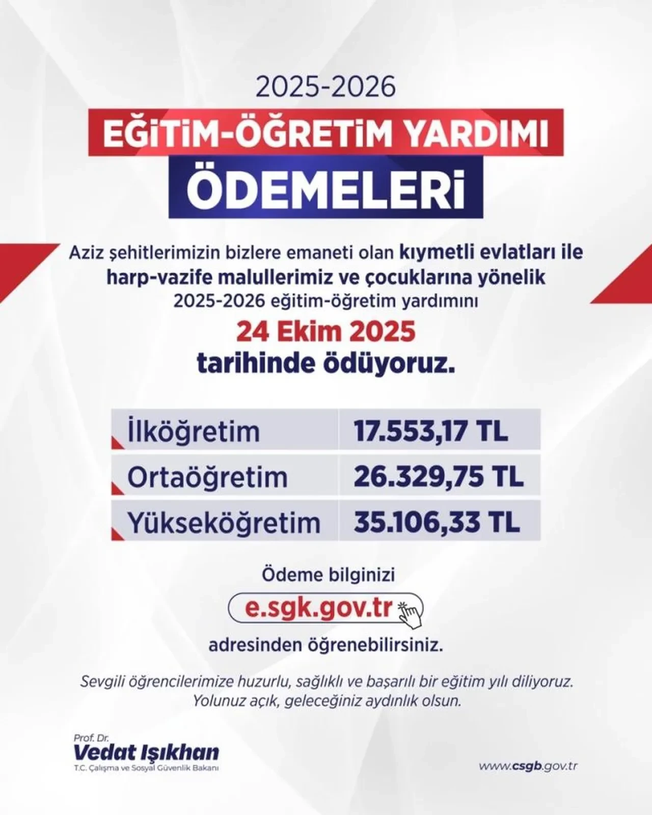 Bakan Işıkhan'dan eğitim yardımı açıklaması! Yarın hesaplara yatacak