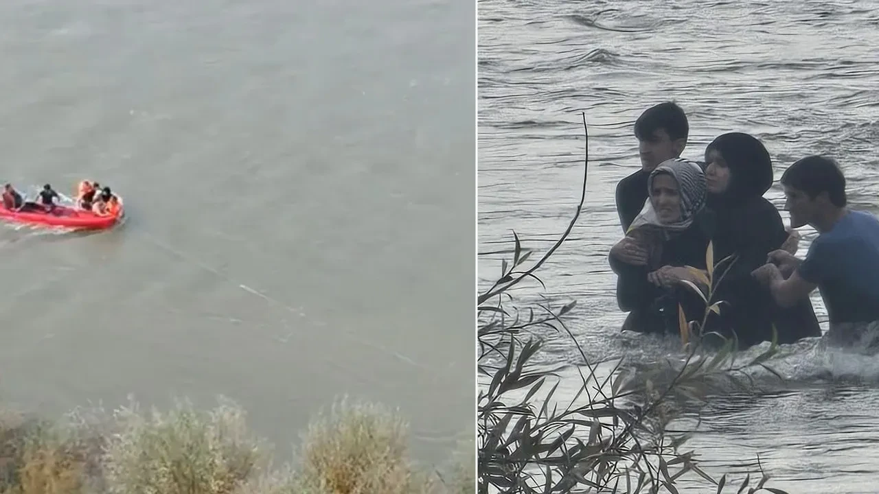 Korku dolu anlar: Bir aile nehir ortasında kurtulmak için birbirine sarıldı
