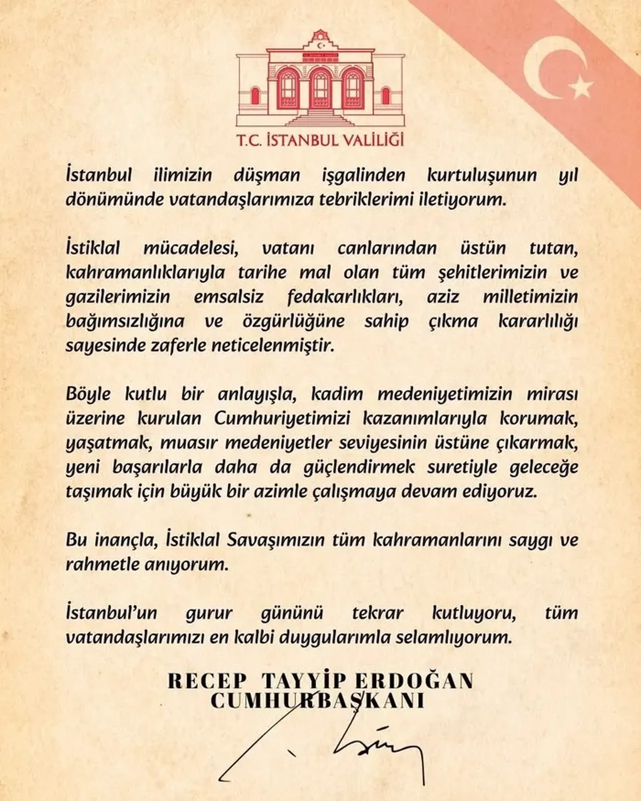 Erdoğan'dan İstanbul'un kurtuluşu mesajı! 'Milletin kararlılığı zaferle neticelendi'