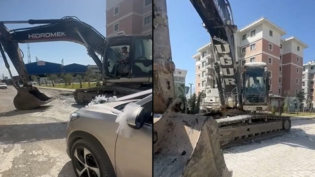 Gelin ve damada iş makinesi şoku! Yolu kapadı, zarfı alana kadar açmadı