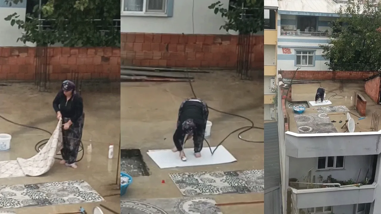 Barajda su kalmadı! Bursalı kadın yağmur altında foşur foşur halı yıkadı
