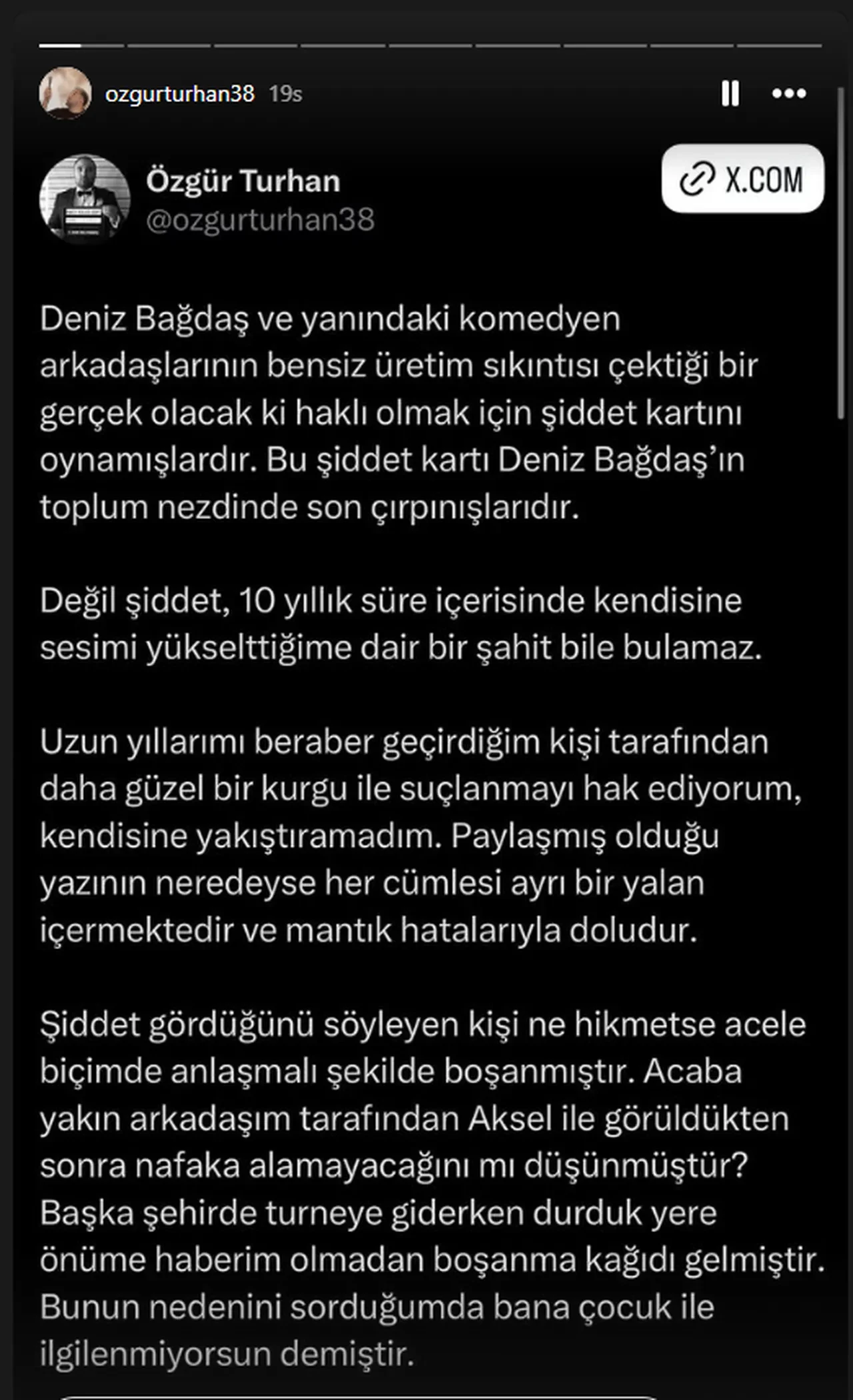 Şiddete maruz kaldığını söyleyen Deniz Bağdaş'a komedyen Özgür Turhan'dan cevap! Eşinin harcamaları tek tek sıraladı 