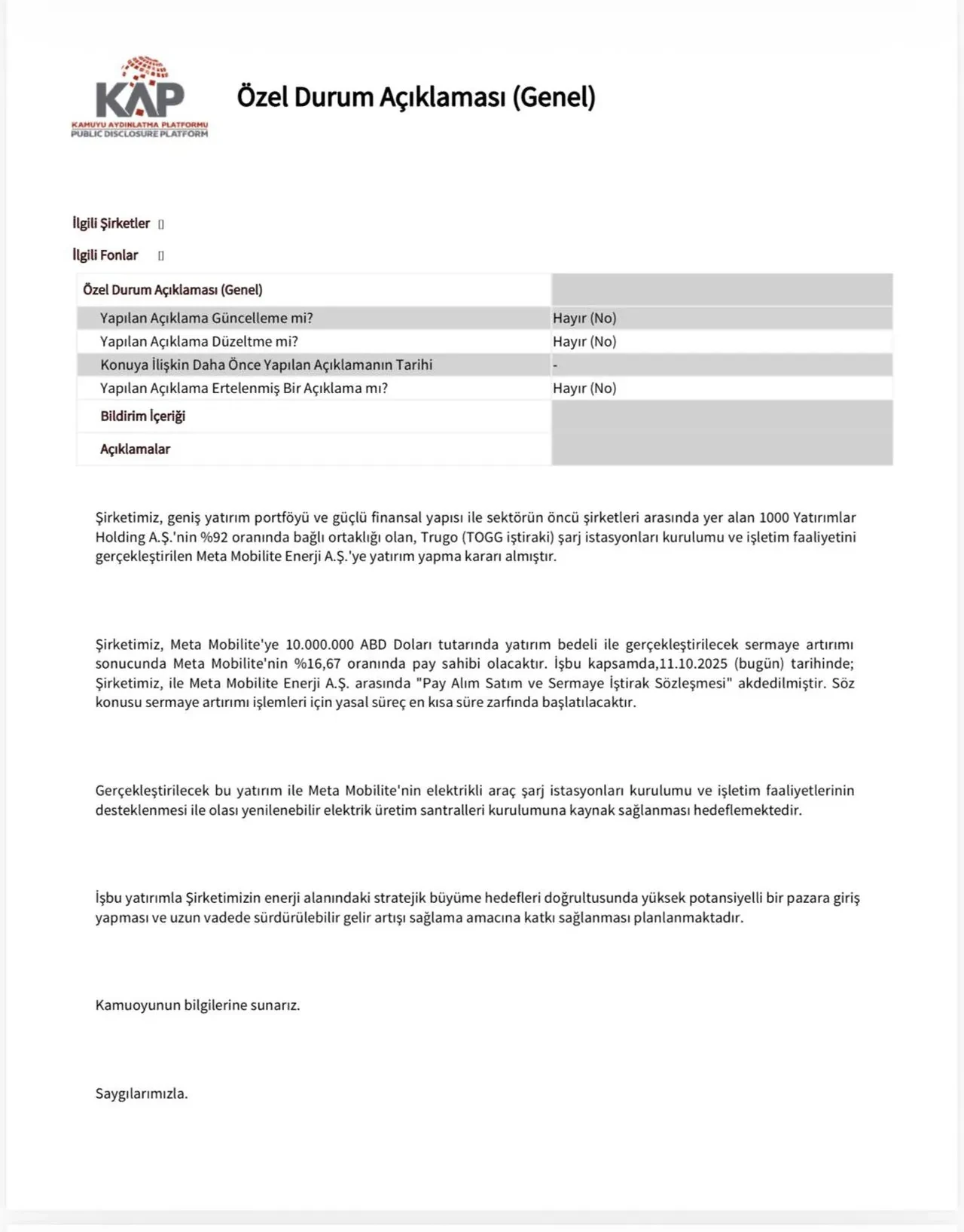 Yeşil Yatırım Holding KAP 