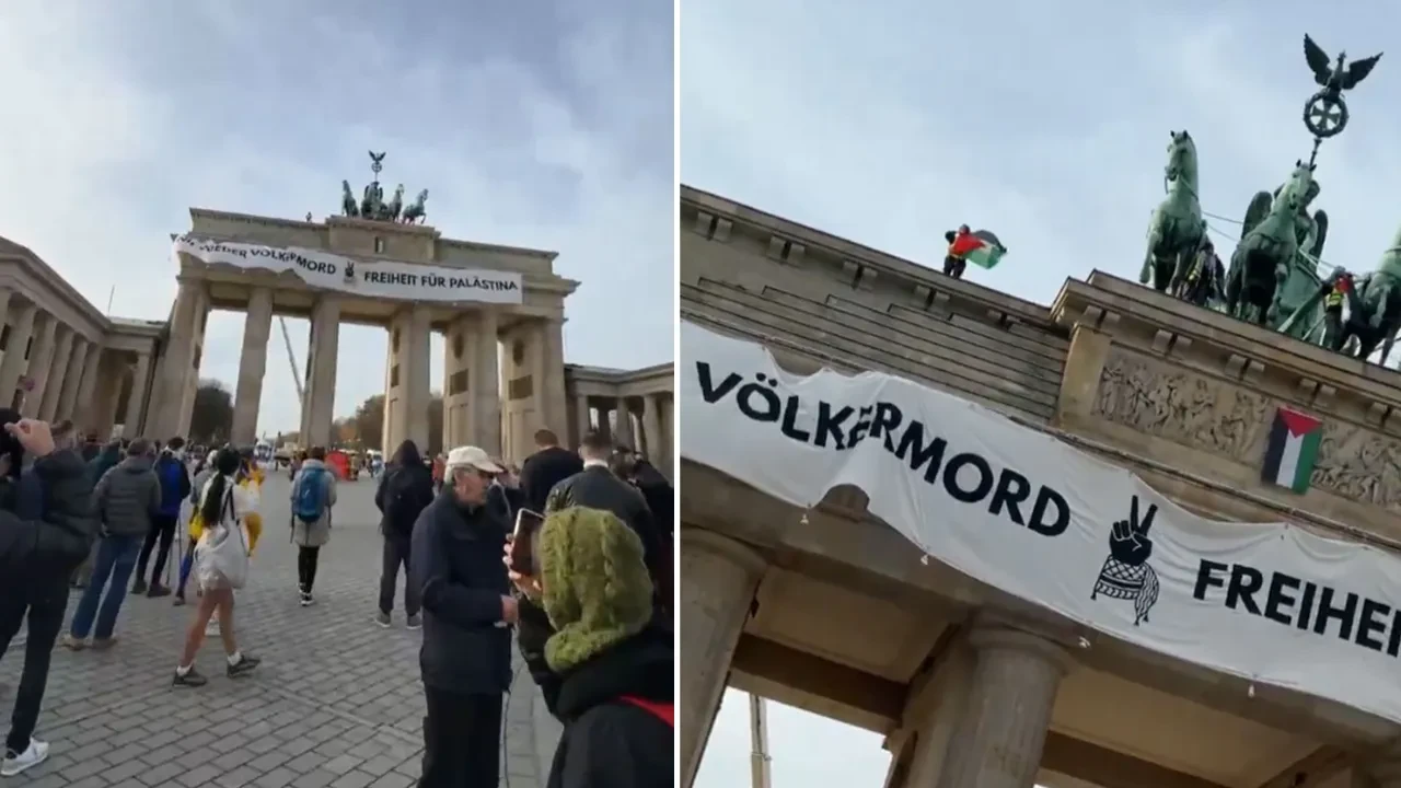 Almanya'nın kalbine Filistin bayrağı dikildi! Filistinli öğrencilerden tarihi kapıda protesto 