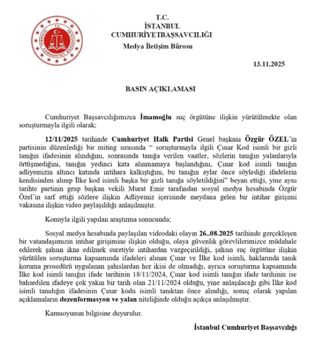 Özgür Özel'in gizli tanık iddiasına İstanbul Başsavcılığından cevap: Dezenformasyon ve yalan