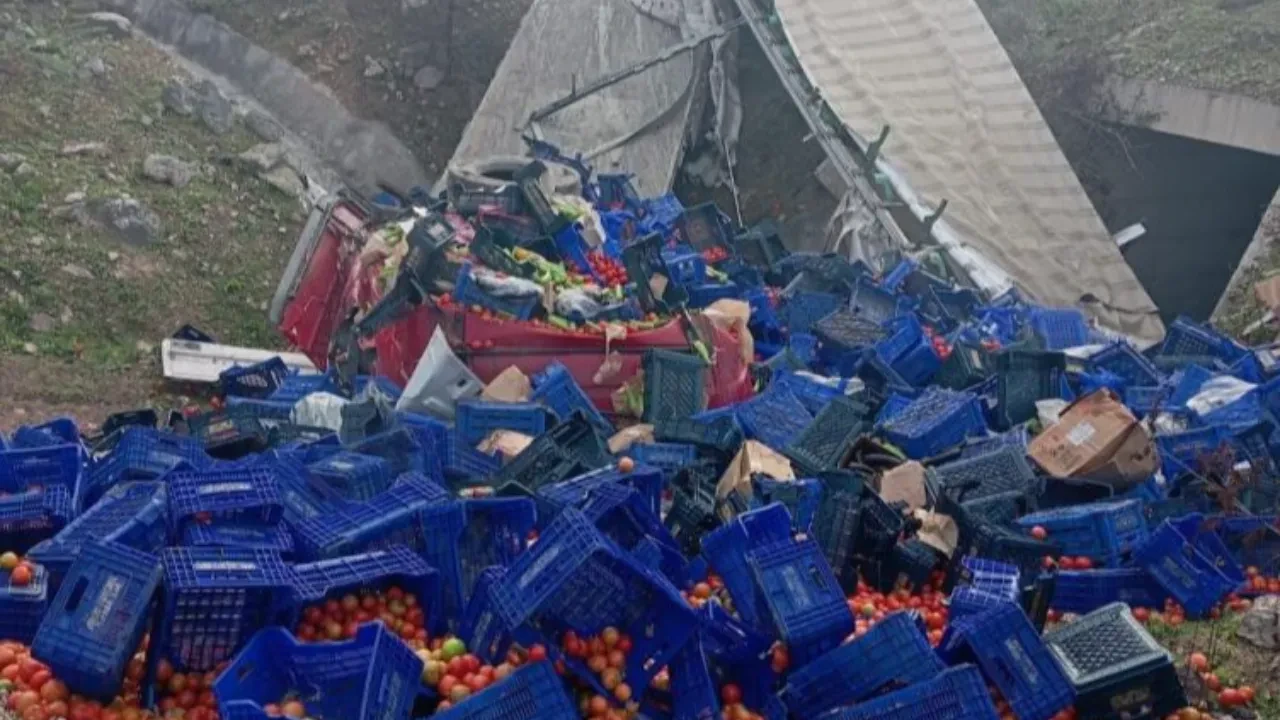 Kontrolden çıkan sebze yüklü tır devrildi: Yaralı var!