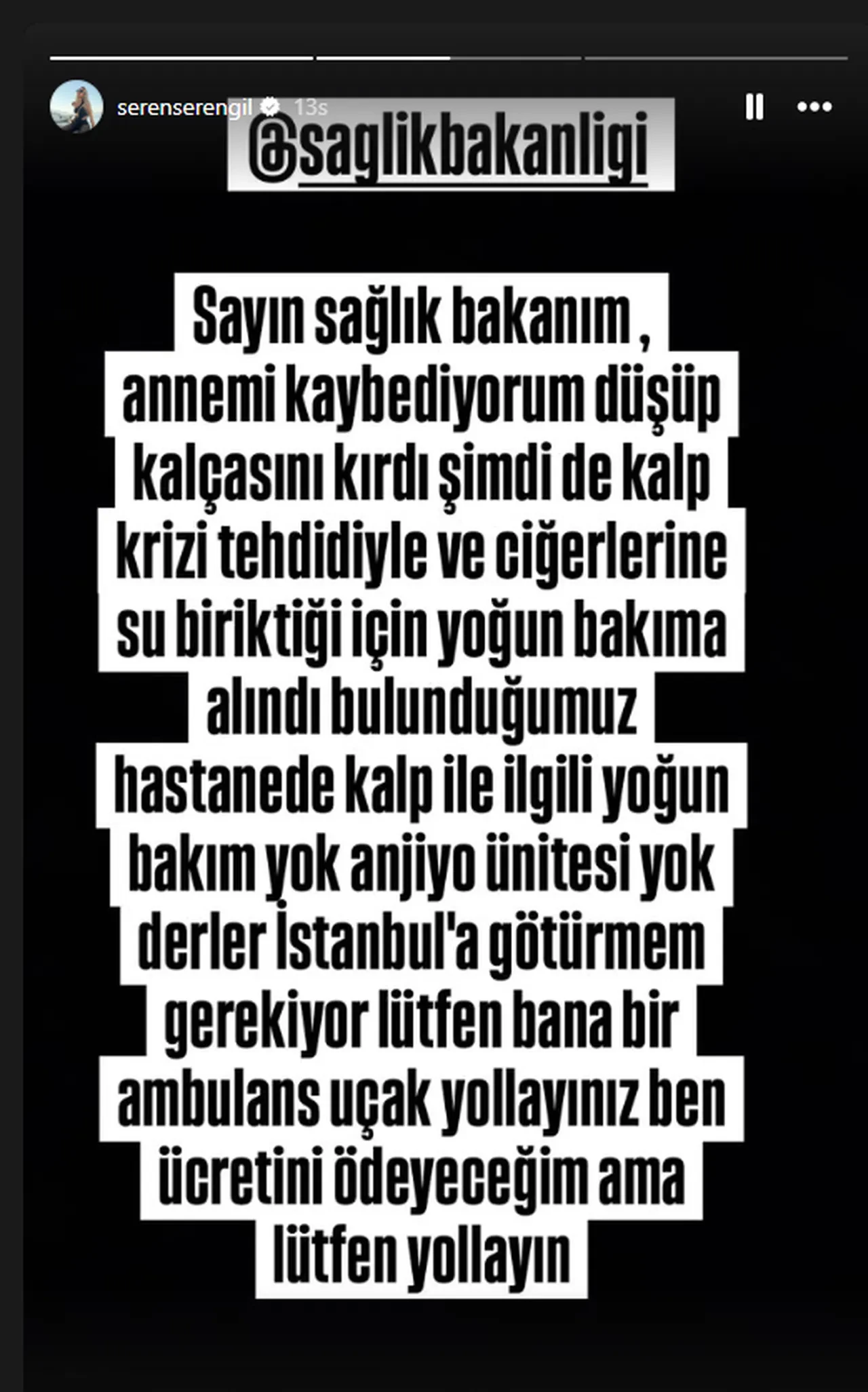 Seren Serengil'den Sağlık Bakanı'na çağrı: Bana bir ambulans uçak yollayınız