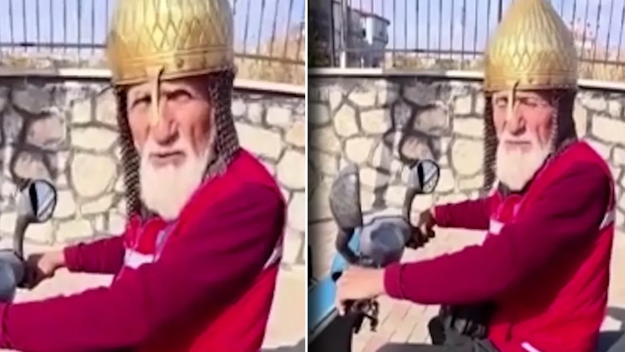 Kask yerine miğfer takan dede görenleri şoke etti! Sözleri herkesi gülümsetti 