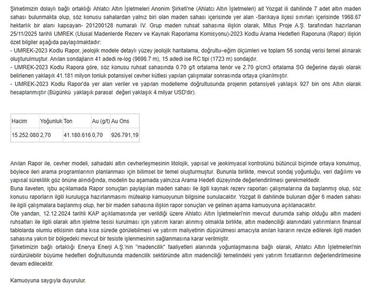 Yozgat Sarıkaya'da 4 milyar dolarlık altın rezervi bulundu! Firma işleyeceği yeri de duyurdu