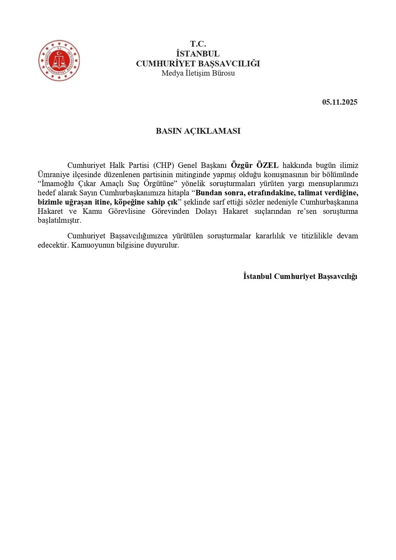 Özgür Özel'e Cumhurbaşkanına ve kamu görevlisine hakaretten soruşturma başlatıldı