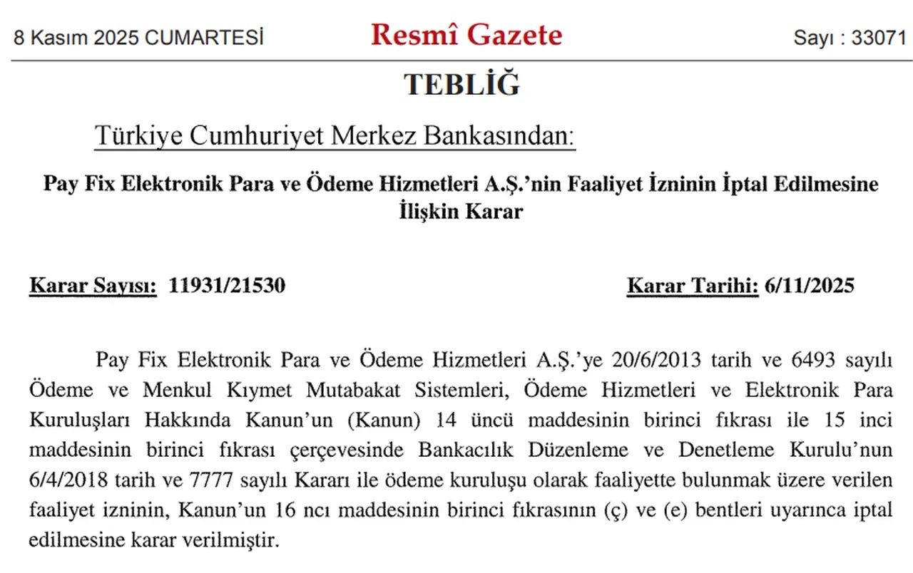 Merkez Bankası'ndan kritik karar: Pay Fix, İninal ve Aypara’nın faaliyet izinleri iptal
