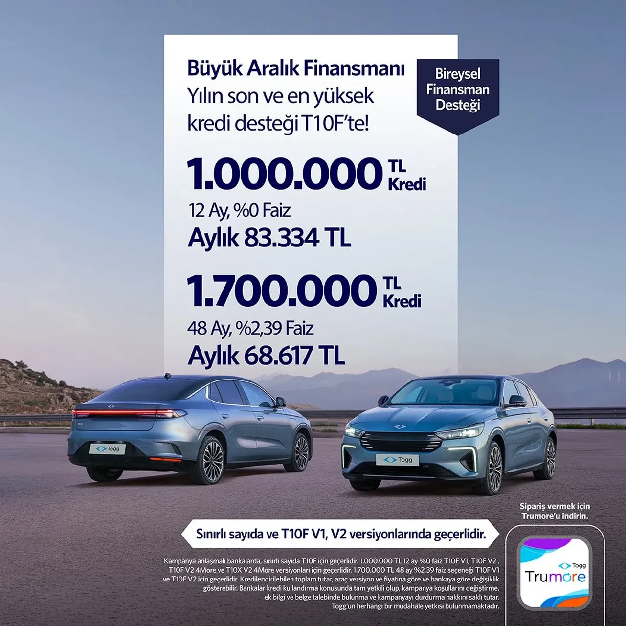 TOGG yılın son sıfır faizli kampanyası başlattı: T10F için 1 milyon TL kredi desteği