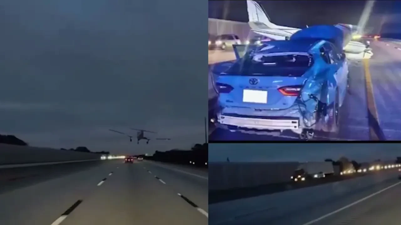 Uçak, otoyolda otomobilin üzerine indi