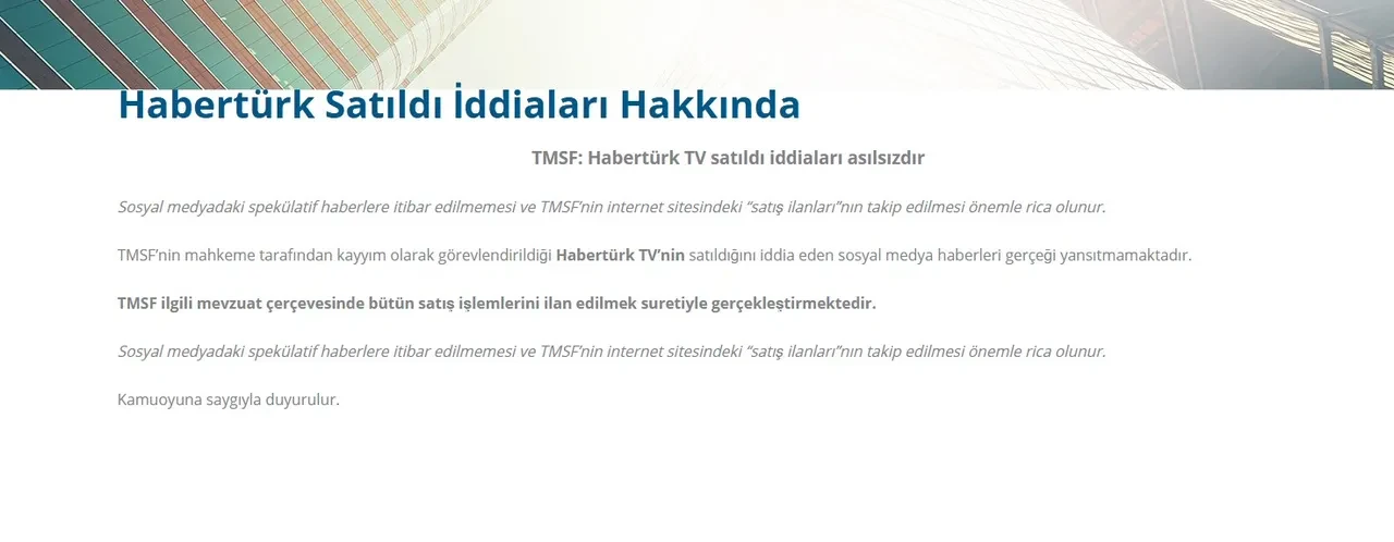Habertürk TV satıldı iddialarına TMSF'den cevap