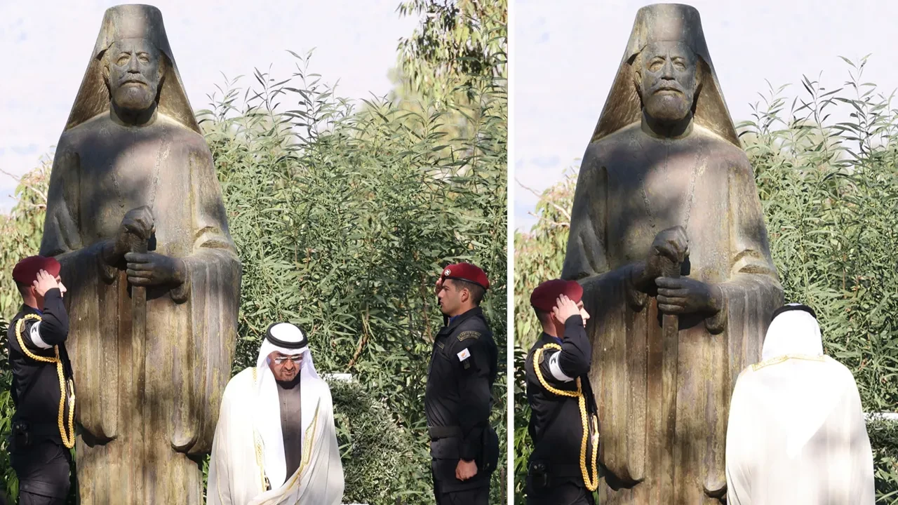 BAE Devlet Başkanı Kıbrıs'taki Türklerin katili 3. Makarios'un anıtına çelenk bıraktı