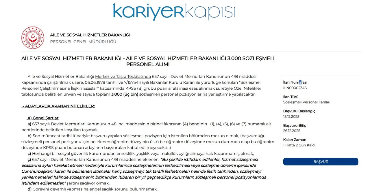 Aile Bakanlığı 3000 personel alımı başvuru ekranı ve şartları! 3 bin personel alımı yapılacak