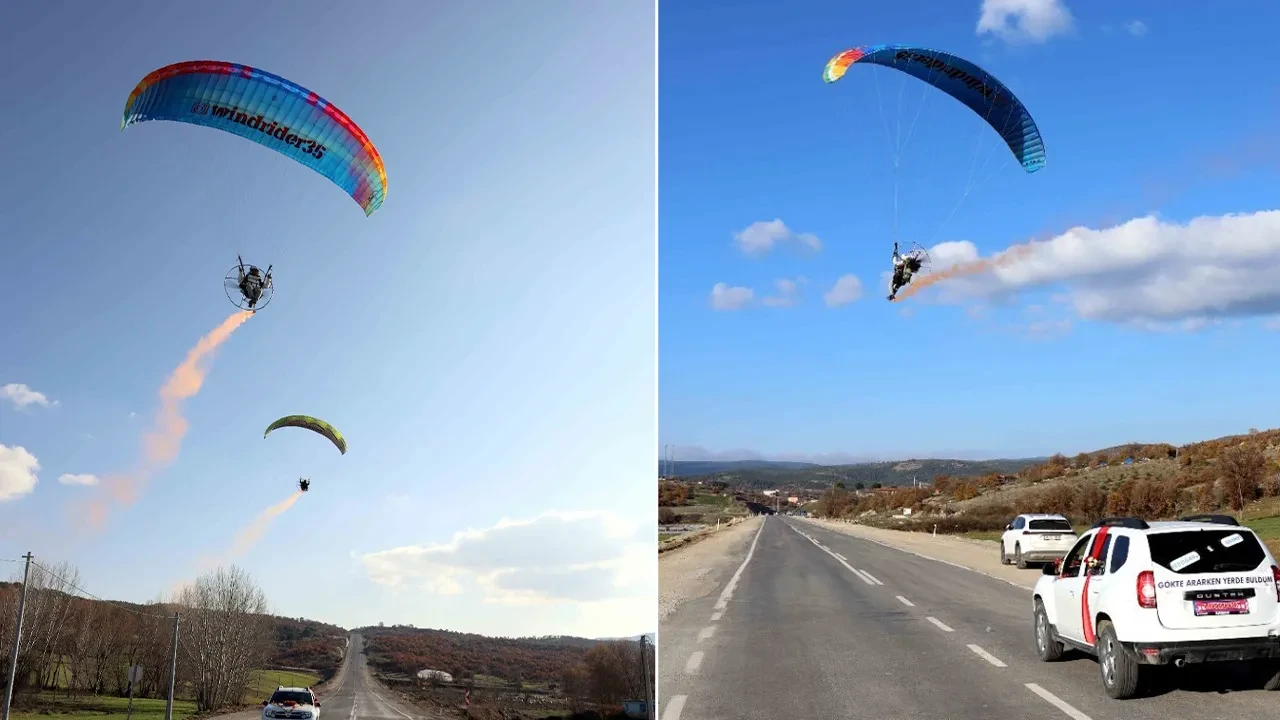 Düğüne damga vuran şov! Paramotorla inip gelin arabasının önünü kestiler