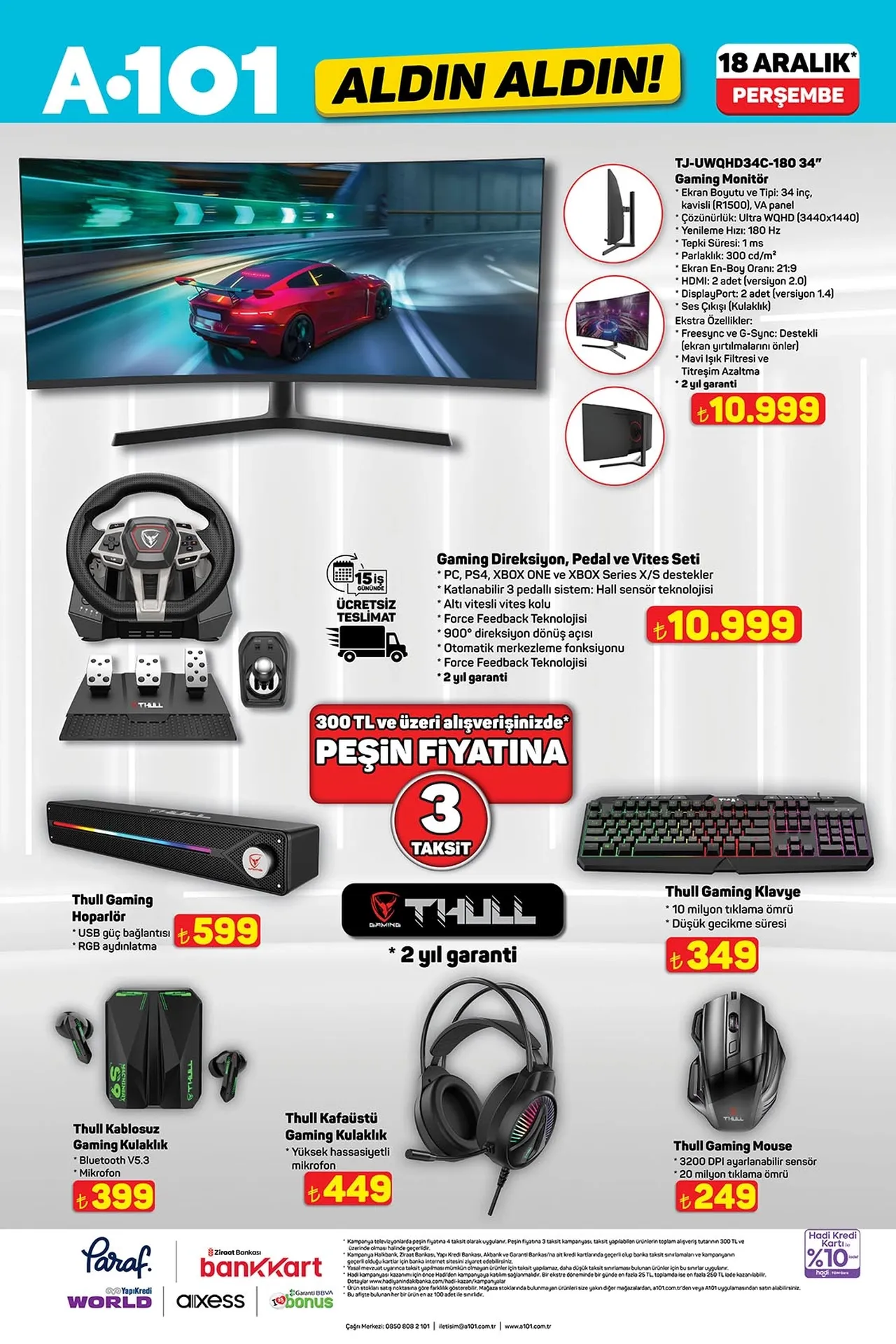 A 101 18 Aralık 2025 kataloğu! A101 aktüel indirimli ürünler kataloğunda Gaming Direksiyon, Pedal ve Vites Seti, Philips 4440 Serisi LatteGo Tam Otomatik Espresso Makinesi